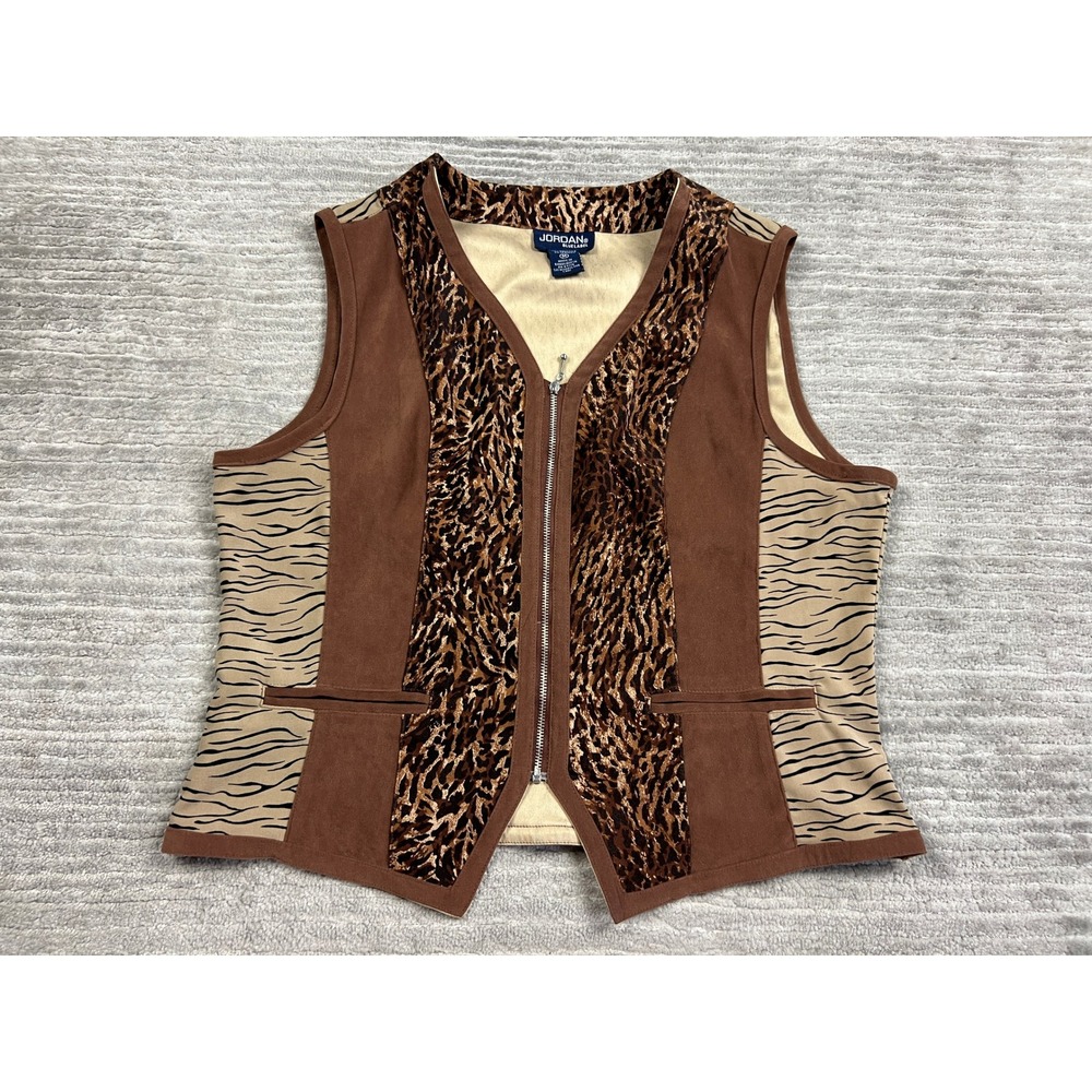 Jordan Blue Label Vest Women Medium Brown Animal Print Zip Up Faux Suede Vest